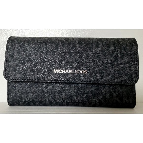 New Michael Kors Jet Set Travel Large Trifold wallet PVC Black with Silver - Picture 1 of 4
